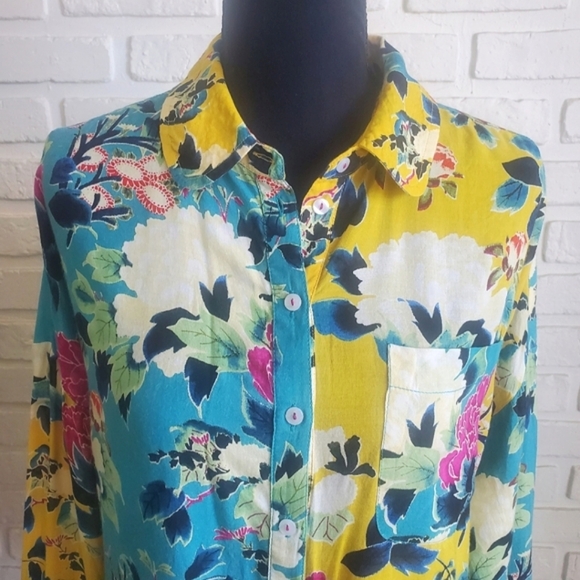 Anthropologie Tropical Floral Button Down Shirt Blouse Top Long Sleeves Size XSP - Picture 3 of 11